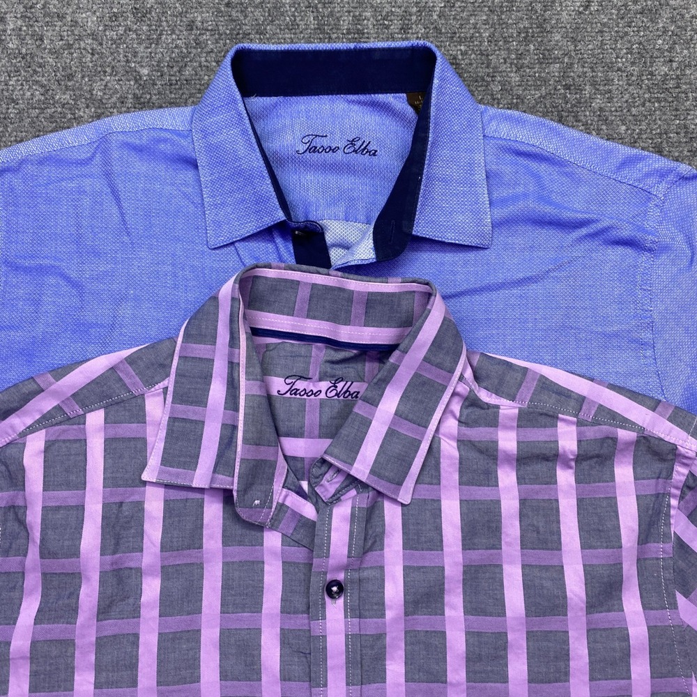 Lot of 2 Tasso Elba Mens Large 16-16.5 Button Down Shirts Blue Purple Plaid